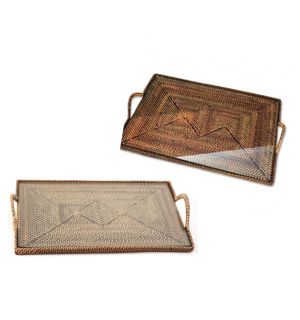 Rattan Rectangular Serving Tray with Glass Bottom