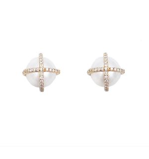 14k Gold Diamond Pearl Cage Studs